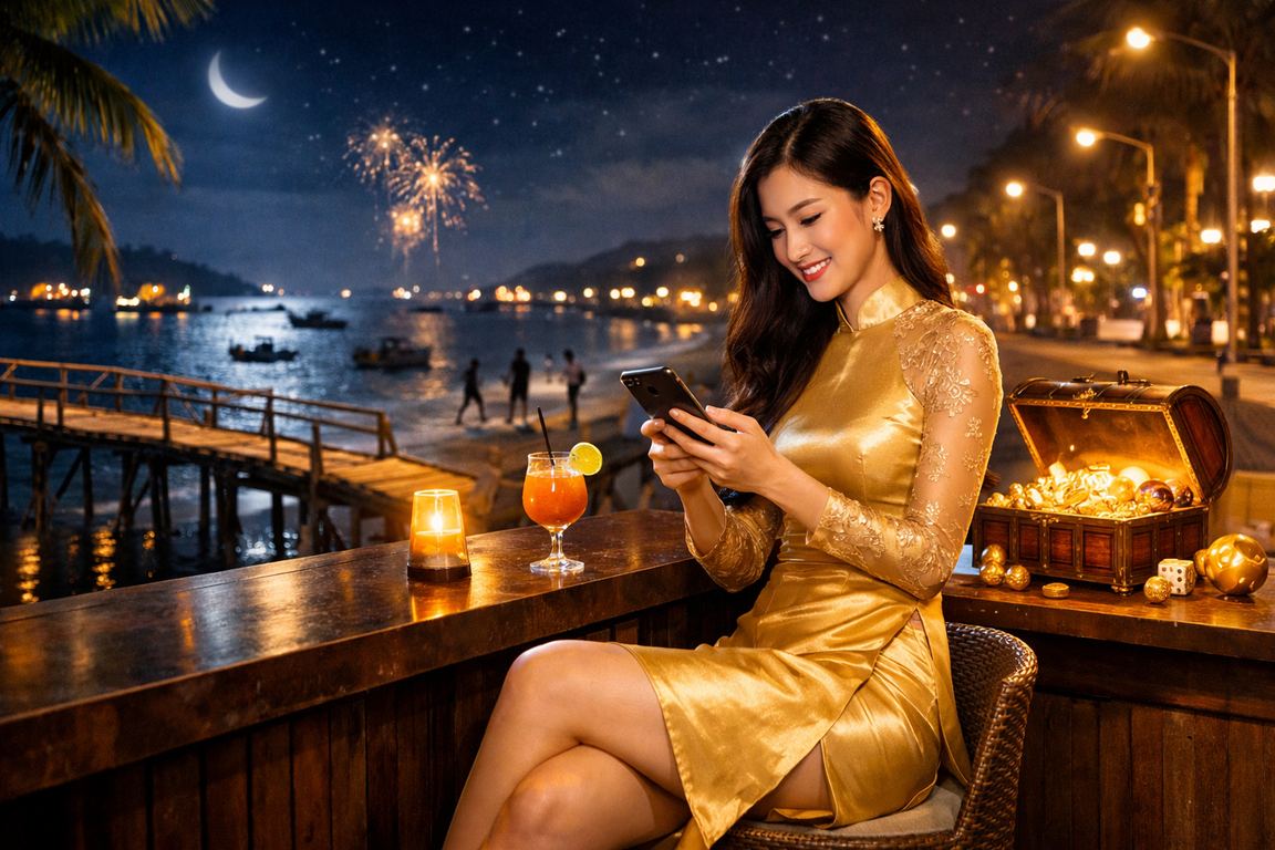 Người phụ nữ mặc áo dài tại Mũi Né sử dụng điện thoại để nhận voucher casino trực tuyến