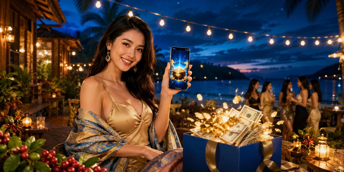 Du khách tại Phú Quốc dùng điện thoại chơi casino trực tuyến bên tách cà phê buổi sáng